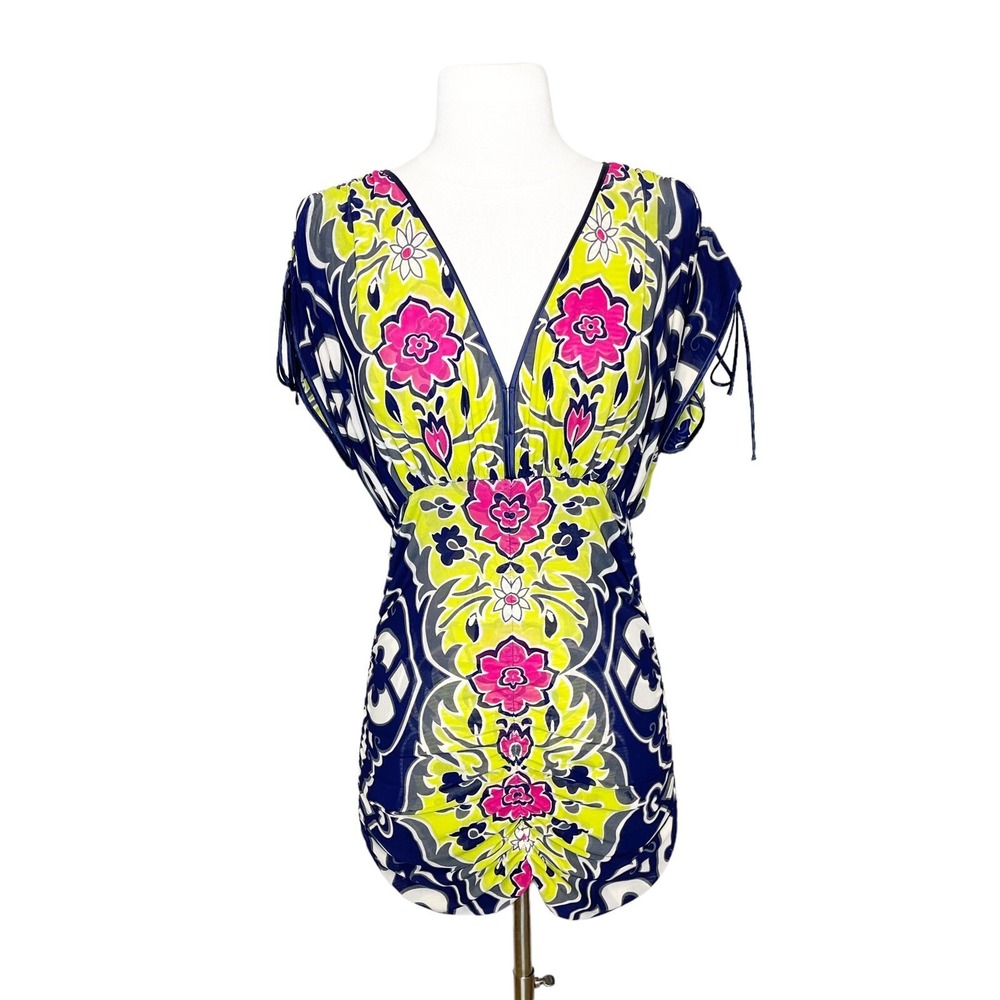 Vintage Y2K Hale Bob S Small Ruched Tunic Top Floral Micro Mesh Stretch‎ Fitted